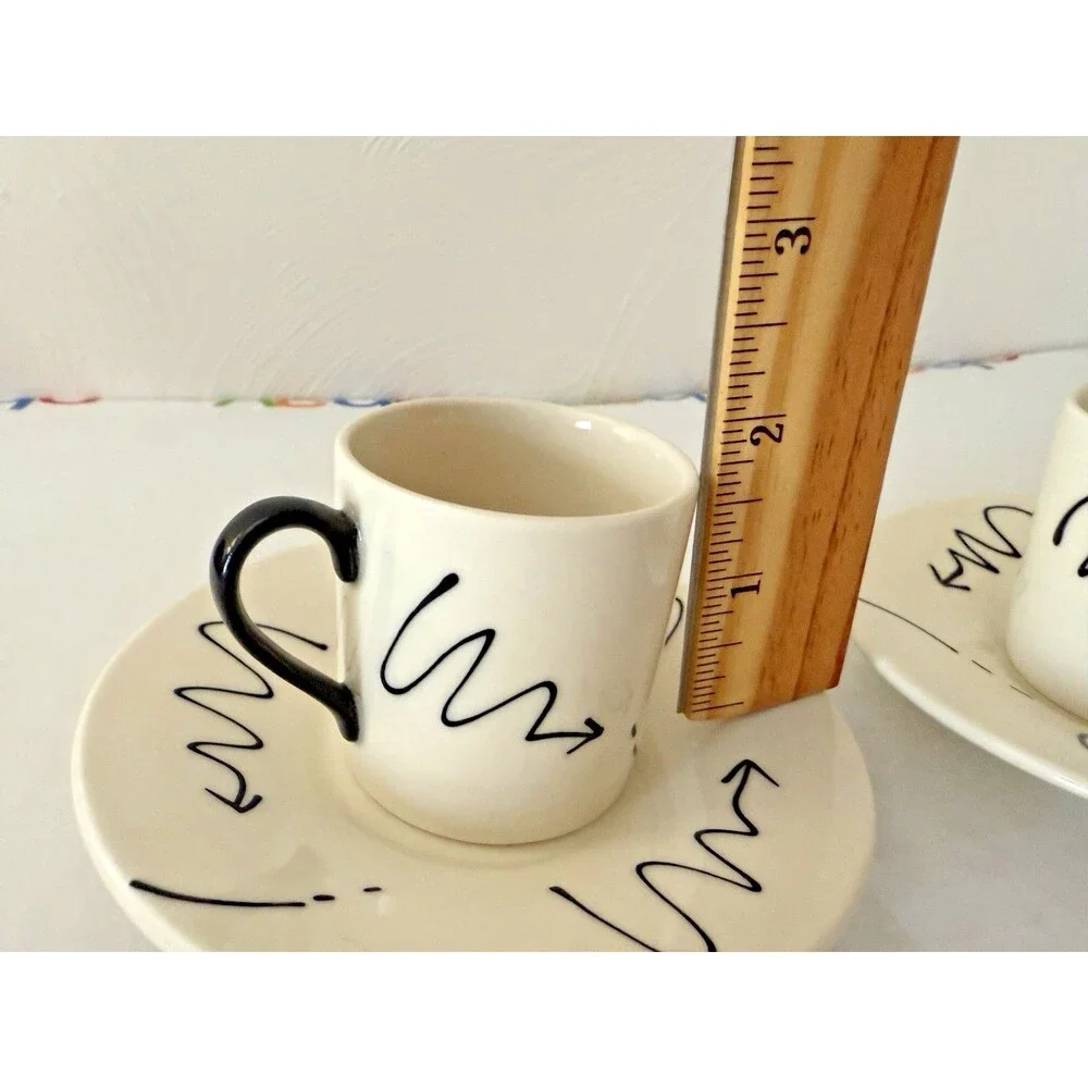 Vtg Set 2 Black White Contemporary English Art Expresso Cups Saucers EUC SOFIEB